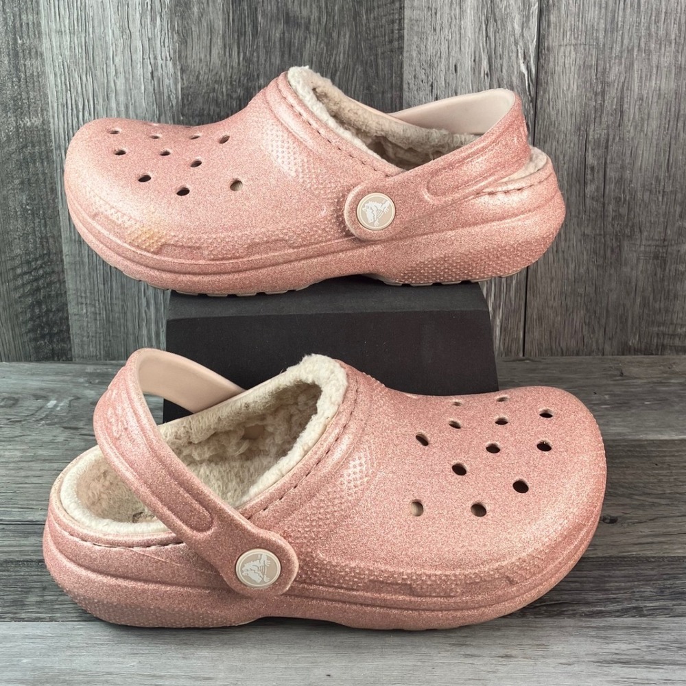 Crocs Classic Lined Clog Rose Gold Glitter Kids J1 Fuzzy Slip On Shoes